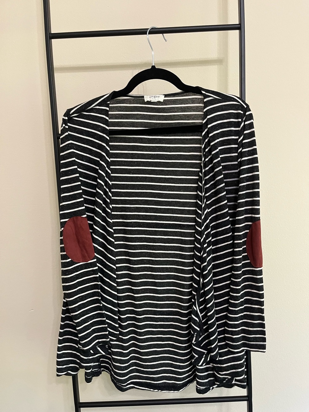 Umgee Striped Open Front Cardigan Small Elbow Patches Light Knit